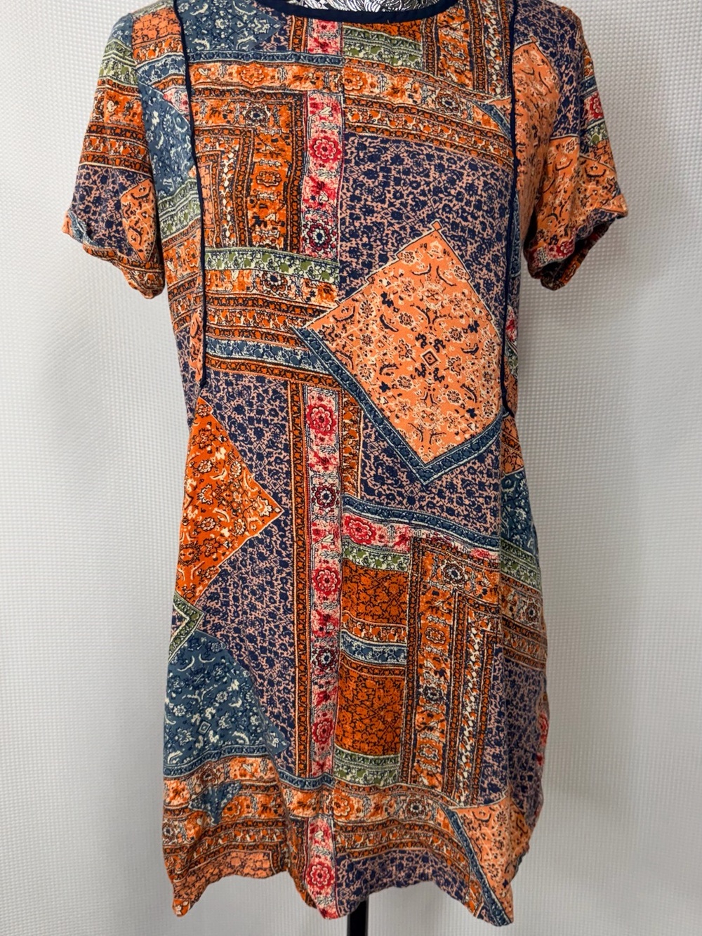 Fat Face Patchwork Print Mini Dress in Orange and Blue